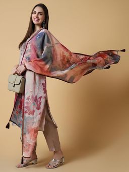 SHOWOFF - Womens Floral Beige Straight Kurta & Pant with Dupatta (Set of 3)