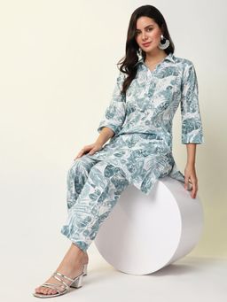 SHOWOFFFF - Womens Green Floral Straight Kurta & Pant (Set of 2)