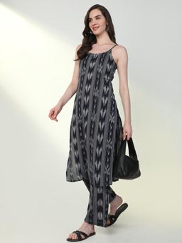 SHOWOFF - Womens Navy Blue Ethnic Motifs Straight Kurta & Pant (Set of 2)