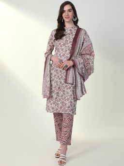 SHOWOFFFF - Womens Purple Floral Straight Kurta & Pant with Dupatta (Set of 3)