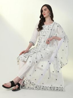SHOWOFF - Womens Off White Embroidered Straight Kurta & Pant with Dupatta (Set of 3)