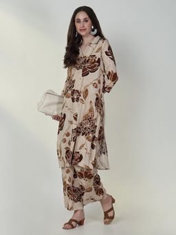 SHOWOFF - Womens Floral Beige Straight Kurta & Palazzo (Set of 2)