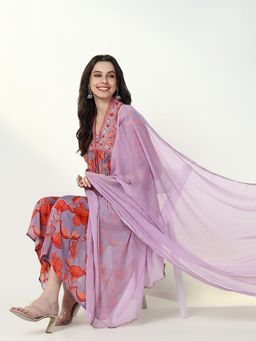 SHOWOFF - Womens Floral Lavender Anarkali Kurta & Pant with Dupatta (Set of 3)
