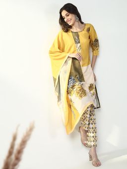 SHOWOFFFF - Womens Floral Yellow Straight Kurta & Pant with Dupatta (Set of 3)