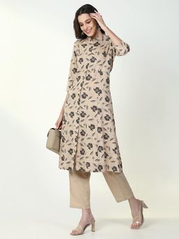 SHOWOFF - Womens Floral Beige A-Line Kurta & Pant (Set of 2)