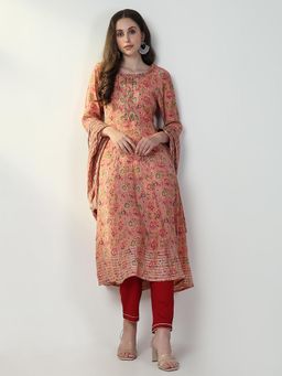 SHOWOFF - Womens Abstract Peach Anarkali Kurta & Pant with Dupatta (Set of 3)