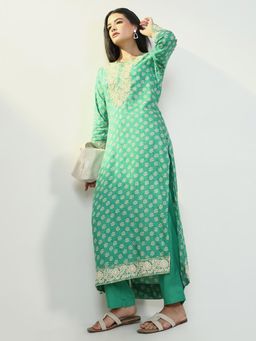 SHOWOFF - Womens Bandhani Green Straight Kurta & Palazzo (Set of 2)