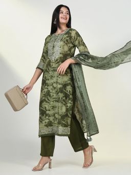 SHOWOFF - Womens Floral Green Straight Kurta & Pant with Dupatta (Set of 3)