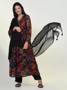 SHOWOFF - Womens Floral Multi-Color Anarkali Kurta & Pant with Dupatta (Set of 3)