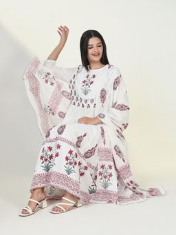 SHOWOFF - Womens Ethnic Motifs White Anarkali Kurta & Pant with Dupatta (Set of 3)