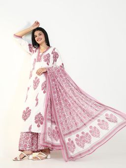 SHOWOFFFF - Womens Floral Pink A-Line Kurta & Palazzo with Dupatta (Set of 3)