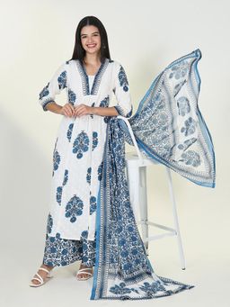 SHOWOFF - Womens Floral Blue A-Line Kurta & Palazzo with Dupatta (Set of 3)