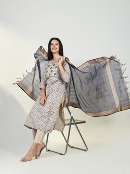 SHOWOFF - Womens Floral Beige Straight Kurta & Pant with Dupatta (Set of 3)