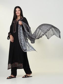 SHOWOFF - Womens Solid Black Straight Kurta & Pant with Dupatta (Set of 3)