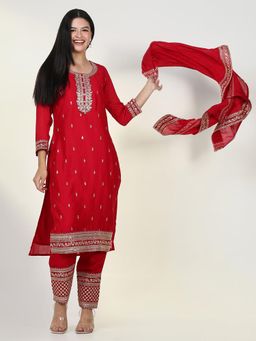 SHOWOFFFF - Womens Embroidered Red Straight Kurta & Pant with Dupatta (Set of 3)
