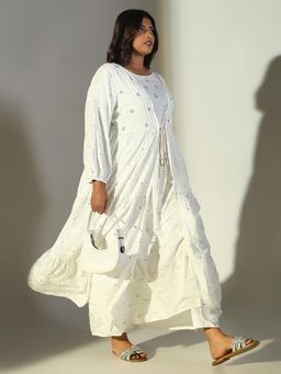 SHOWOFF - Women's White Ethnic Motifs Anarkali Kurta with Jacket (Set of 2)