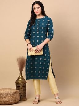 SHOWOFF - Women's Teal Ethnic Motifs Straight Kurta
