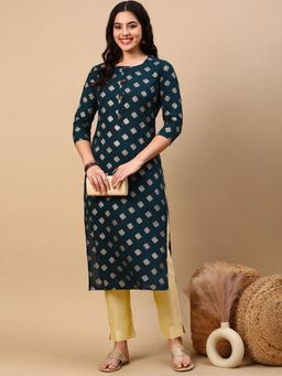 SHOWOFF - Women's Teal Ethnic Motifs Straight Kurta