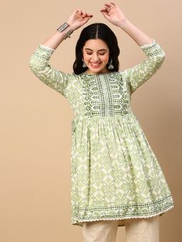 SHOWOFF - Women's Ethnic Motifs Green A-Line Kurti