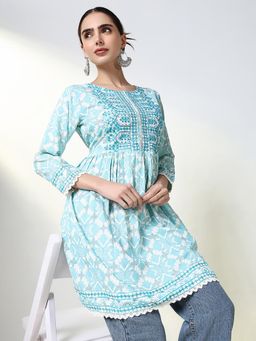 SHOWOFF - Women's Blue Ethnic Motifs A-Line Kurti