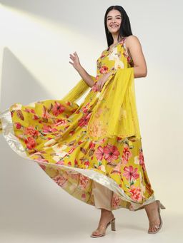 SHOWOFF - Women's Mustard Floral Anarkali Kurta with Dupatta (Set of 2)