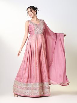 SHOWOFF - Women's Pink Embroidered Anarkali Kurta with Dupatta (Set of 2)