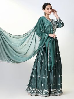 SHOWOFF - Women's Green Floral Anarkali Kurta with Dupatta (Set of 2)