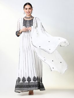 SHOWOFF - Women's White Embroidered Anarkali Kurta with Dupatta (Set of 2)