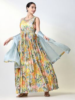 SHOWOFF - Women's Yellow Floral Anarkali Kurta with Dupatta and Belt (Set of 3)