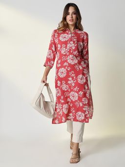 SHOWOFF - Women's Red Floral Straight Kurta