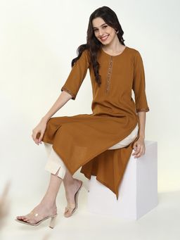 SHOWOFFFF - Women's Brown Solid Straight Kurta