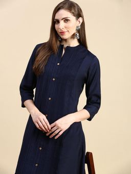 SHOWOFFFF - Women's Navy Blue Solid A-Line Kurta