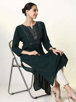 SHOWOFF - Women's Dark Green Embellished Straight Kurta