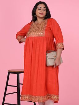 SHOWOFF - Women's Orange Woven Design A-Line Kurta