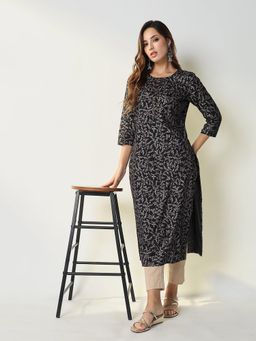 SHOWOFF - Women's Navy Blue Ethnic Motifs Straight Kurta