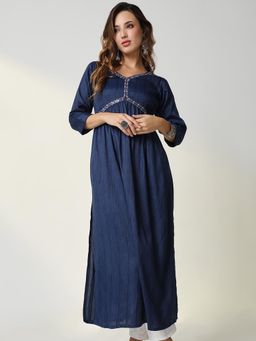 SHOWOFF - Women's Navy Blue Woven Design Anarkali Kurta