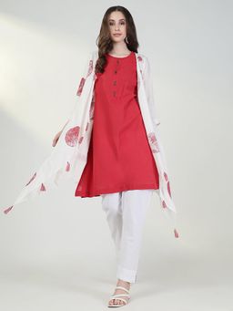 SHOWOFF - Women's Red Solid A-Line Kurta with Jacket (Set of 2)