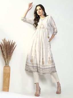 SHOWOFFFF - Women's Off White Ethnic Motifs Anarkali Kurta