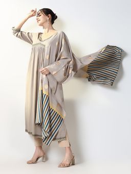 SHOWOFF - Women's Grey Solid Anarkali Kurta with Dupatta (Set of 2)