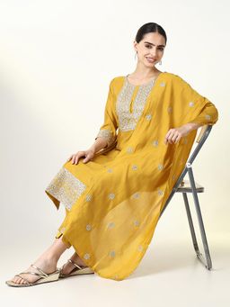 SHOWOFF - Women Yellow Embroidered Kurta with Pant and Dupatta (Set of 3)
