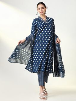 SHOWOFF - Women Blue Polka Dots Kurta with Pant and Dupatta (Set of 3)