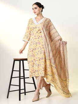 SHOWOFFFF - Women Yellow Floral Kurta with Pant and Dupatta (Set of 3)