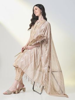 SHOWOFF - Women Khaki Printed Kurta with Pant and Dupatta (Set of 3)