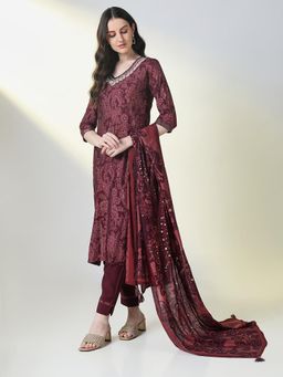 SHOWOFF - Women Maroon Paisley Kurta with Pant and Dupatta (Set of 3)