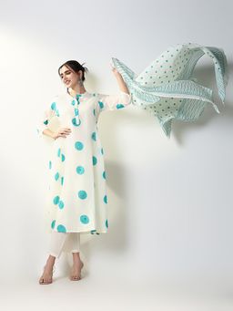 SHOWOFF - Women Cream Printed Kurta with Pant and Dupatta (Set of 3)