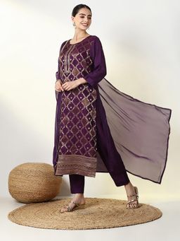 SHOWOFFFF - Women Purple Woven Kurta with Pant and Dupatta (Set of 3)
