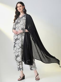 SHOWOFF - Women Grey Floral Kurta with Pant and Dupatta (Set of 3)