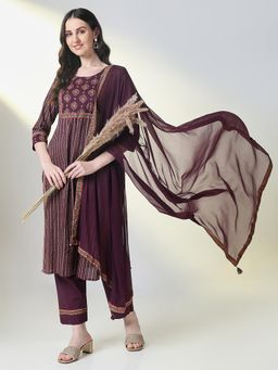 SHOWOFFFF - Women Purple Printed Kurta with Pant and Dupatta (Set of 3)