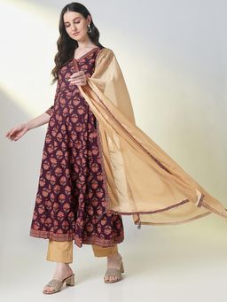 SHOWOFF - Women Purple Floral Kurta with Pant and Dupatta (Set of 3)