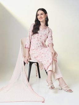 SHOWOFF - Women Cream Floral Kurta with Pant and Dupatta (Set of 3)